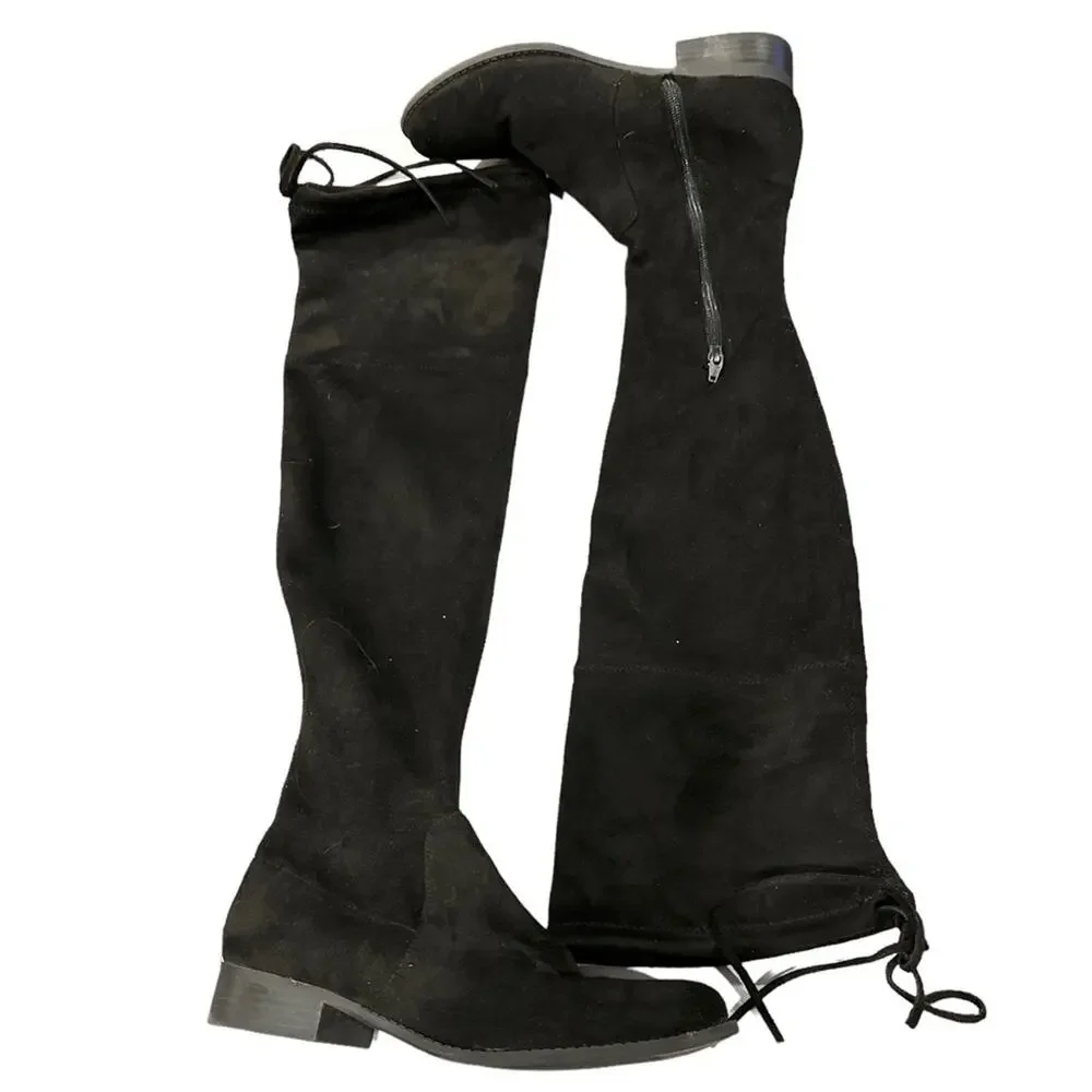 A new day microsuede Black over the knee boot Draw string top. 1”‎ heel Size 8.5